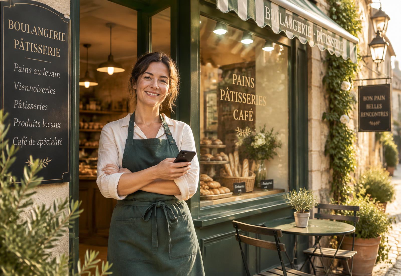 La propriétaire d'une boulangerie devant sa boutique, souriante, smartphone en main